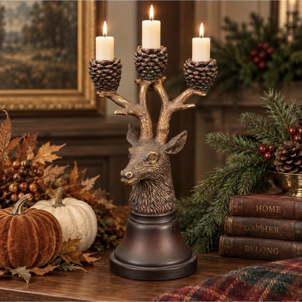 Vintage Stag Deer Candelabra 3 Candle Holder Woodland Lodge Christmas Decor